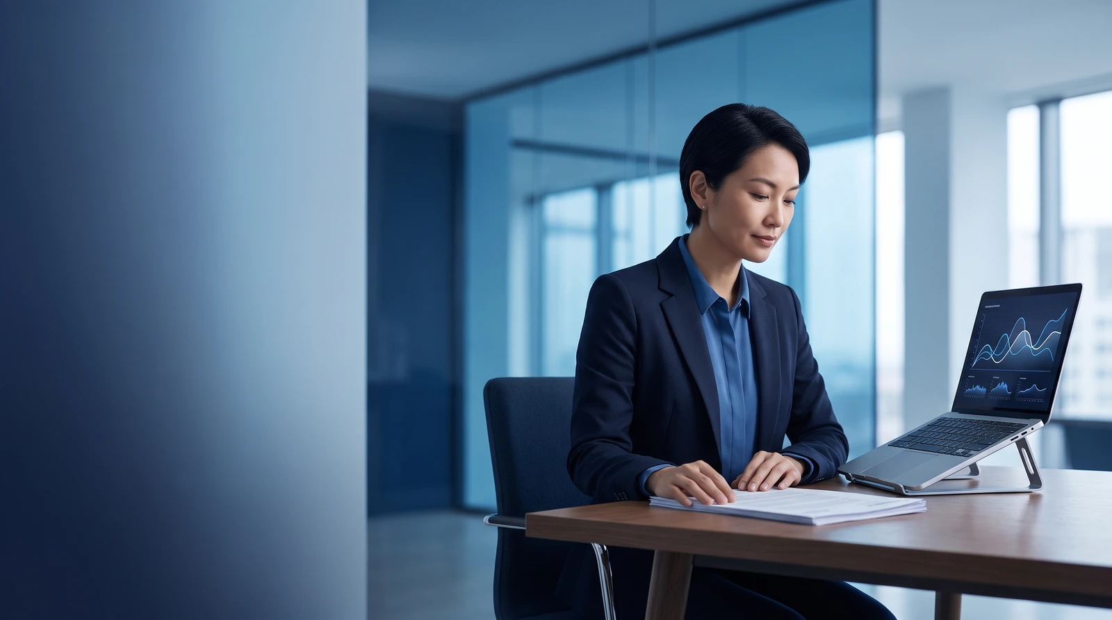 Composed small business owner reviewing financial documents and cash flow trends at a desk while weighing business debt management strategies