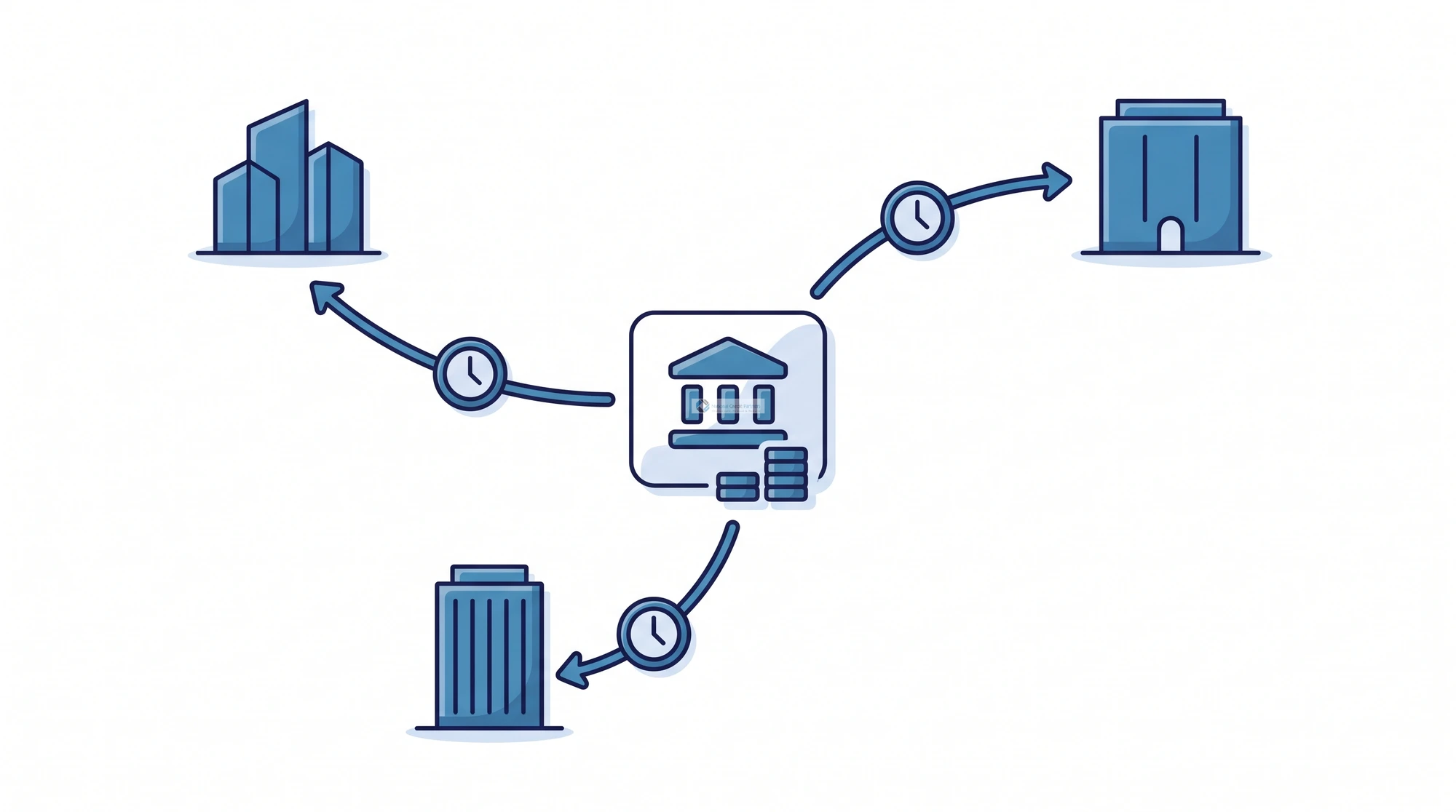 Diagram of stacked merchant cash advance debt, one business bank account with three separate daily debits pulling out to three different funders at once
