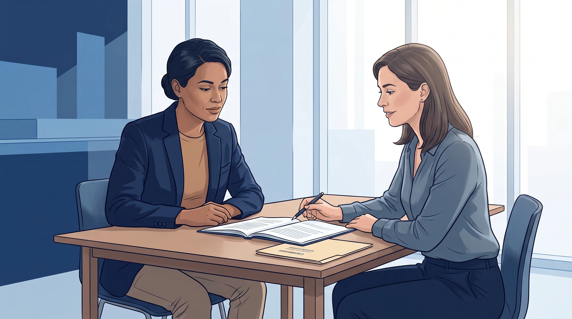 Small business owner and an advisor reviewing a legal document together at a table, representing a cooperative negotiation over secured business debt